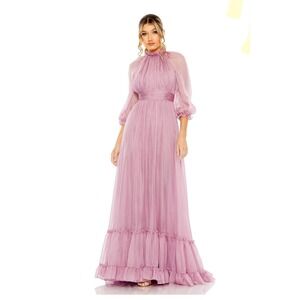 Mac Duggal  Chiffon Ruched Illusion Raglan Sleeve Ruffled Gown Lilac Size 14 NWT